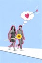 Creative collage photo of two people young couple walking hands together girlfriend hold sunflower gift amour arrow
