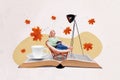 Creative collage photo of woman sit in chair read book resting relaxing drink cacao autumn leaves fall isolated on beige