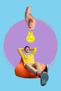 Creative collage photo of young chilling mister gentleman bowtie relax orange beanbag carefree has idea look up lamp