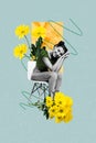 Creative collage photo of young cute smiling woman sitting chair yellow daisy flowers bouquet relaxing isolated on blue Royalty Free Stock Photo