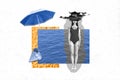 Creative collage picture of black white colors unsatisfied depressed girl swimwear head clouds water umbrella sea shell