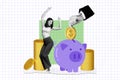 Creative collage picture black white filter cheerful happy young woman dance saving piggy bank hand put coin cash