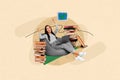 Creative collage picture of delighted girl sit beanbag use netbook raise fists check mark pile stack book isolated on