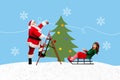 Creative collage picture of excited schoolgirl sit sledge santa climb ladder hang toys x-mas tree isolated on drawing