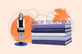 Creative collage picture of happy mini black white colors girl huge pile stack book back to school drawing maple leaf