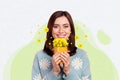 Creative collage picture happy smiling pretty girl hold houseplant pot daisy flower yellow blossom spring march drawing