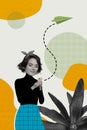 Creative collage picture illustration abstract sketch beautiful happy young lady send messages airplane distance