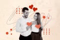 Creative collage picture illustration beautiful lovely happy couple hug hold card heart valentine day love sketch Royalty Free Stock Photo