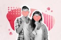 Creative collage picture illustration black white filter incognito unknown young couple hide face heart postcard pink