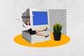 Creative collage picture illustration happy charm joyful young woman office work vintage computer exclusive template