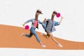 Creative collage picture illustration two headless absurd ostrich runner fast girl mask hide face flower summer outfits