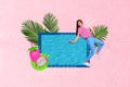 Creative collage picture of mini amazed girl balancing fall water pool plant leaves dragon fruit isolated on pink paper
