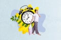 Creative collage picture of mini girl hand hold pillow yawning walk big clock ring bell alarm flower leaves isolated on