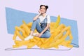 Creative collage picture of mini positive girl sitting big pile stack french fries isolated on drawing background