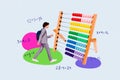 Creative collage picture of mini walking boy carry rucksack big abacus bead calculator maths count equation isolated on Royalty Free Stock Photo