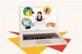 Creative collage picture of netbook display kids learning book planet earth globe talk loud speaker isolated on