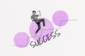 Creative collage picture of overjoyed black white effect guy climb success ladder raise fists isolated on drawing Royalty Free Stock Photo