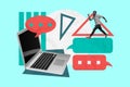 Creative collage picture running smiling man computer laptop messenger app social network textbox communication reply Royalty Free Stock Photo