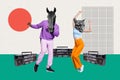 Creative collage picture of two carefree people dancing horse tiger head boombox music on drawing background