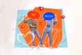 Creative collage picture of two people dialogue communication bubble instead head hi hello dancing like notification