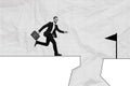 Creative collage picture young businessman run overcome obstacle abyss hole finish flag achieve target accomplish goal