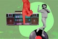 Creative collage picture young dancing energetic girl headphones music audio listener vinyl disco clubber party