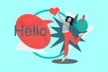 Creative collage picture young funky girl hold heart shaped figure textbox hello bubble say speech exclamation mark Royalty Free Stock Photo