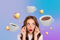 Creative collage picture young gorgeous dreamy girl eyewear glasses cup drink energy coffee menu order eyeglasses blow