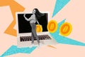 Creative collage picture young happy cheerful girl laptop computer golden coins cryptocurrency trading virtual assets Royalty Free Stock Photo