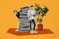 Creative collage picture young man university students books library readers laptop houseplant blossom drawing Royalty Free Stock Photo