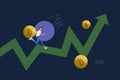 Creative collage picture young running man progress arrow increase earnings charts bitcoin crypto trader earnings income Royalty Free Stock Photo