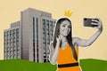 Creative collage picture young woman holding smartphone taking selfie photo huge building golden crown queen royal