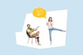 Creative collage picture young woman man lightbulb idea plan solution eureka smart decision textbox speech phrase cite Royalty Free Stock Photo