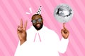 Creative collage portrait of cheerful positive guy finger spin disco ball hand demonstrate v-sign isolated on pink
