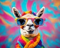 A creative collage of a portrait of a llama and a pineapple, bright rich colors, colorful background. Summer holiday concept,