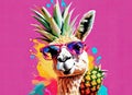A creative collage of a portrait of a llama and a pineapple, bright rich colors, colorful background. Summer holiday concept,