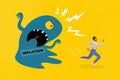 Creative collage portrait of running person afraid running away huge inflation monster isolated on yellow background Royalty Free Stock Photo