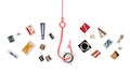 Creative collage. Red hook catching cutout letters in ransom style typography on white background Royalty Free Stock Photo