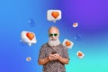 Creative collage senior stylish retired man texting smartphone social media network textbox notification love heart Royalty Free Stock Photo