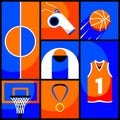 Creative collage. Set of basketball items in blue and orange colors - ball, sneakers, basket, medal, whistle
