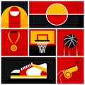 Creative collage. Set of basketball items in red, black and yellow colors - ball, sneakers, basket, medal, whistle