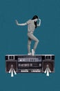 Creative collage sketch image of cheerful active girl listen loud music night club discotheque isolated on blue