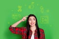 Creative collage of smart pretty girl thinking how to get money on mortgage at favorable interest isolated on green Royalty Free Stock Photo