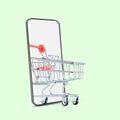Creative collage. Supermarket trolley rolling out of the smartphone screen over light green background.