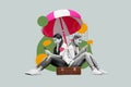 Creative collage of two amazed positive black white effect girls sit retro valise use smart phone chatting sun umbrella