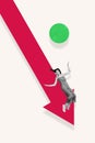 Creative collage vertical poster banner falling young girl red arrow downwards decrease fail reduction progress template