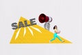 Creative collage walking young girl buy gift carton box present hand hold megaphone proclaim sale season discount