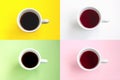 Creative collage. White cup of coffee on colorful background