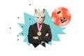 Creative collage of wild wolf businessman mask white face dog folded hands leader win world best person goblet isolated