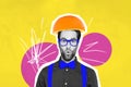 Creative collage young businessman pouty lips surprised reaction wear funny eyeglasses half orange fruit hat isolated on